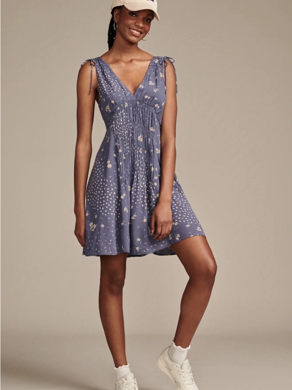 Lucky Brand Smocked V Blue Floral Mini Babydoll Dress Women's XL Boho Hippie EUC